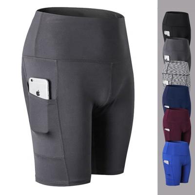 China Breathable High Waist Womens Yoga Short Side Pockets 4 Way Stretch Workout Running Shorts for sale