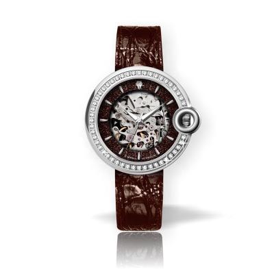 China Waterproof 2020 Custom Women Skeleton 5ATM Diamond Bling Brown Genuine Leather Dress Watch Valentine Gift Crystal Ladies Mechanical for sale