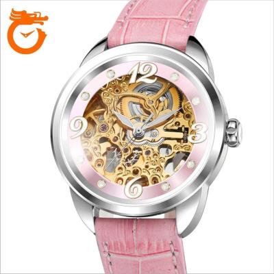 China Waterproof New Design Fashion Skeleton Girls Watch Pink Dress Genuine Leather Women For Arabic Numerals Dial Wrist Watch for sale