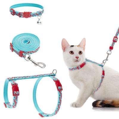 China Personalized Dog Leash Collar and Harness Set Cherry Pattern Durable Adjustable H-Shape Harness Collar and Leash Set for sale