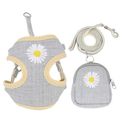 China Cute Design Daisy Embroidery Pet Dog Vest Padded Mesh Soft Padded Adjustable Dog Harness and Leash Set with Bags for sale