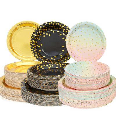 China Contemporary Disposable Gold Metallic Foil Dots Dinner Paper Plates For Party Supplies for sale