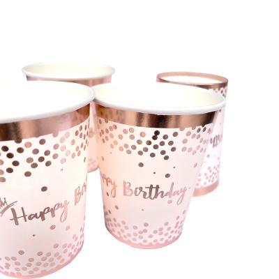 China New Contemporary Rose Gold Birthday Party Pack Paper Cup Paper Plate Tissue Set for sale