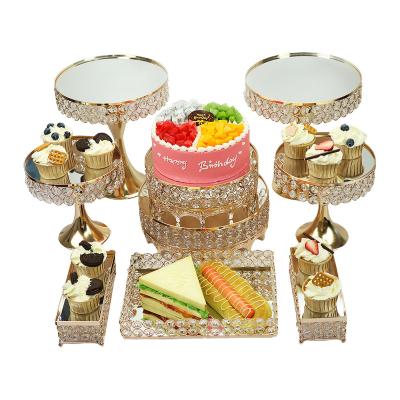 China Viable Glass Gold Crystal Mirror Cake Stand Rectangle Set with Crystal Beads for wedding for sale