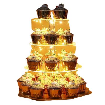 China Wedding Party Viable Tier 4 Tier Birthday Cupcake Display Stand Acrylic Pastry Stand With LED String Lights Dessert Tree Tower for sale