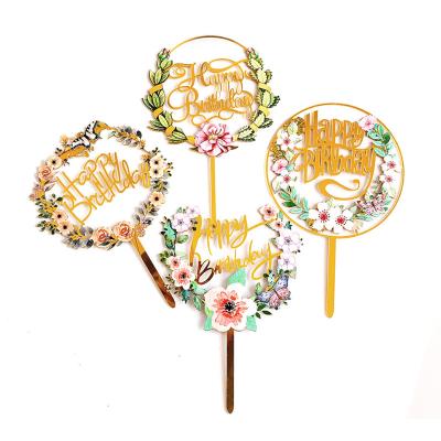 China Color Draw Acrylic New Birthday Cake Inserts Flower Happy Birthday Cake Inserts Card Factory Direct Supply for sale