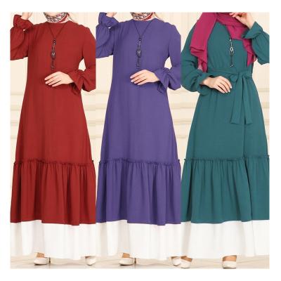 China Anti-pilling Wholesale Cheap Crew Neck Belt Ruffle Abaya Kaftan Islamic Clothing Muslim Women Dress for sale