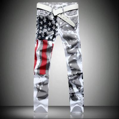 China QUICK DRY Men's White American Flag Printed High Elastic Slim Fit Jeans Big Size Casual Pants for sale