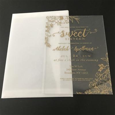 China Europe 2021 Invitation Romantic Acrylic Map and Gold Luxury Printing Acrylic Wedding Invitations with Leafy Flowers Pattern for sale