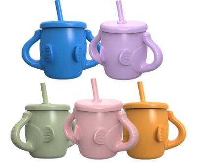 China Amazon BPA Free Hot Sale Silicone Baby Forming Sippy Water Cups with Straw and Handle for Toddlers for sale