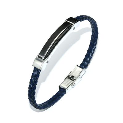 China Business Gift New Arrival Luxury Jewelry Blue Color Braided 316L Stainless Steel Genuine Leather Bracelet For Men for sale