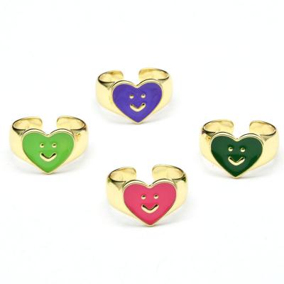 China FASHIONABLE New Design Candy Color Enamel Red Blue Green Smile Heart Shape Fashion Open Adjustable Rings For Women Girl Gift Jewelry for sale