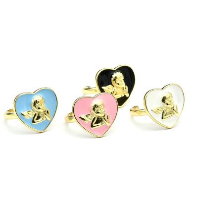 China New Design FASHIONABLE Rose Gold White Black Blue Enamel Color Plating Love Cupid Heart Shape Ring For Women Gift Adjustable Jewelry for sale