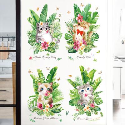 China WALL STICKER Home Decor Green 3d Leaf Cartoon Cat Decals Adhesive Wall Stickers For Room Decoration for sale