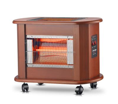 China Outdoor 2400WATTAGE 3 Faced Freestanding Cabinet Quartz Wood Heaters With Wheels 3 Quartz Glass Tube Heaters Brown Wood Heaters for sale