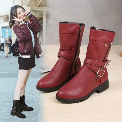 China New Retro Winter Anti-slippery Large Size Buckle Autumn Boot Mid Boots For Women Fashion To Women Martin Boot Shoes Botas De Mujer for sale