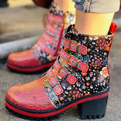 China Anti-odor autumn winter fashion new plus size Sepatu high heels boots woman thick belt buckle printed short boots women boots for ladies for sale