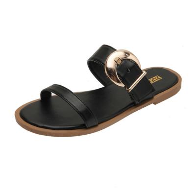 China CUSHIONING Woman Belt Buckle Outdoor Beach Shoes Comfortable Flat Bottom Fashion Flip Flop Slipper Women Slippers Ladies Leather Trim Slippers for sale