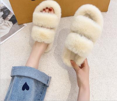 China 2021 autumn and winter plush open-toe flat woolen women's plush slippers women's indoor shoes plus size slippers for sale