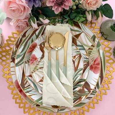 China Disposable Catering Disposable Ceramic Dishes Dinner Set Maple Leaf Dishes Sets White Gold Ceramic Dishes With Gold Rim for sale