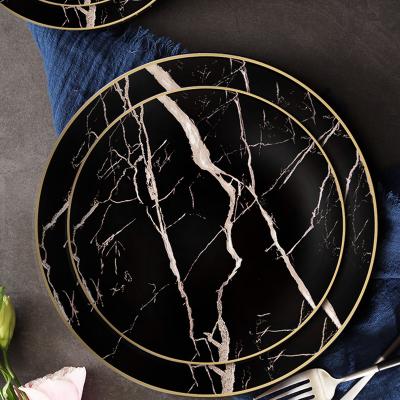 China Disposable Black Gold Dishes Sets Dinnerware Charger Dishes Turkish Marble Wedding Ceramic Decoration for sale