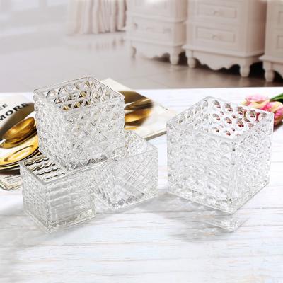 China Factory Luxury Hot Selling Clear Glass Levitating Pots/Bonsai Pot Square Shaped Glass Candle Holder/Glass Candle Cup With Crystal Effects for sale