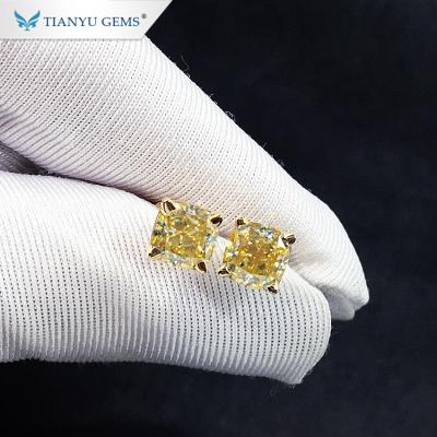 China Tianyu Gems Custom 18 Gold Earrings CLASSIC Bright Yellow Cushion Cut Moissanite Jewelry Earrings for sale