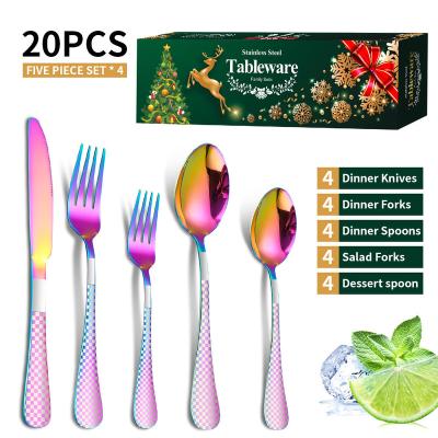 China Stainless Steel Traditional Merry Christmas Amazon Handle Knife Checkered Fork and Spoon Christmas Tableware Gift Box 20 Piece Set for sale