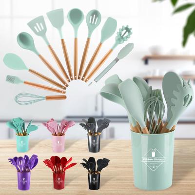 China 12 Pieces Viable In 1 Set Silicone Kitchen Accessories Cooking Tools Spatula Shovel Spoon With Wooden Handle Kitchenware Cooking Utensi for sale