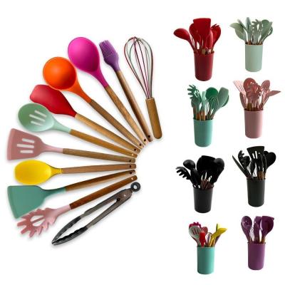 China Viable Color 11 Color Wooden Kitchen Storage Containers Handle Silicone Kitchenware 12 Sets For Cooking Spatula Spoon Kitchen Tools for sale