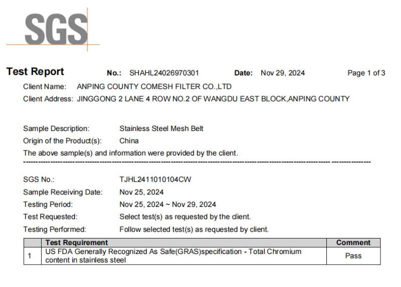 US FDA Generally Recognized As Safe(GRAS)specification -Total Chromium content in stainless steel Comment - Hengshui Qualified Filter Screen Co., Ltd.