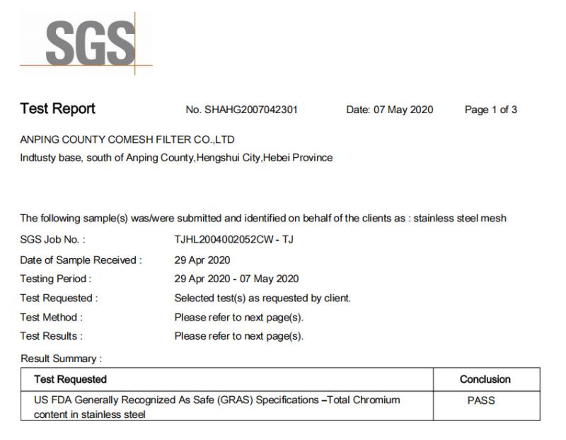 US FDA Generally Recognized As Safe (GRAS) Specifications -Total Chromium content in stainless steel - Hengshui Qualified Filter Screen Co., Ltd.