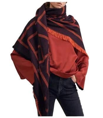 China Autumn-winter soft warm and thickening oversized square scarf with geometric tassel figure woolen scarf custom for sale