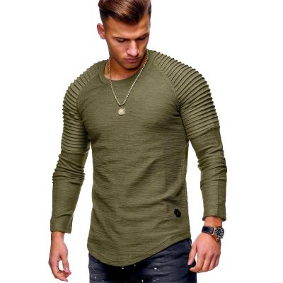 China Vintage Fashion Slim Sleeve Round Neck Solid Color Casual T-shirt Shorts Striped Pleated Raglan Sleeve Men Shirt for sale