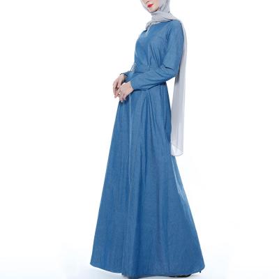 China Round Abaya Modern Islamic Clothing Collar Women Casual Ladies Sheath Long Jean Denim Dress With Belt for sale