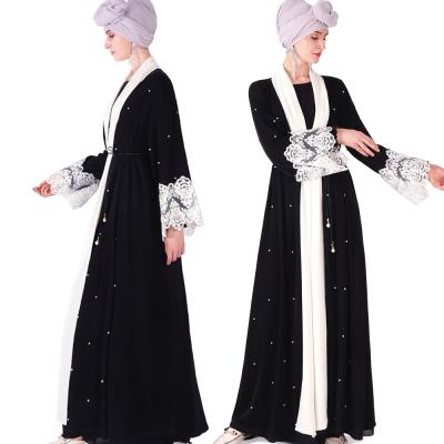 China Modest Hand made to lace up pearl decor party abaya kimono cardigan kaftan Islamic Clothing Beaded Abayas for Women for sale