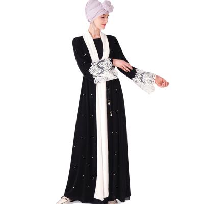 China Modest Modest Abaya Nida Fabric Plus Size Women Abayas Lace White Beads Muslim Long Robe Kimono Robe for sale