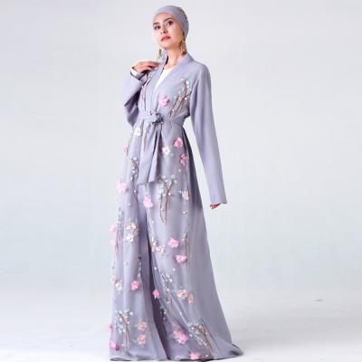 China 3D Chiffon Floral Abaya Sky Blue Color Sequin Embroidery Kimono Hot Selling 3D Floral Kimono Wear Women Robes for sale