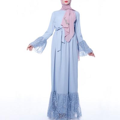 China New Design Sheer Linen Lace Dress Ruffled Linen Ruffled Abaya Blue Muslim Dress Ruffle Sleeve Color Lace Dress for sale