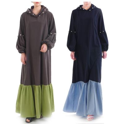 China 100% Cotton Modest Kaftan Color Matching Long Sleeve Dress Beaded Muslim Abaya With Hood for sale