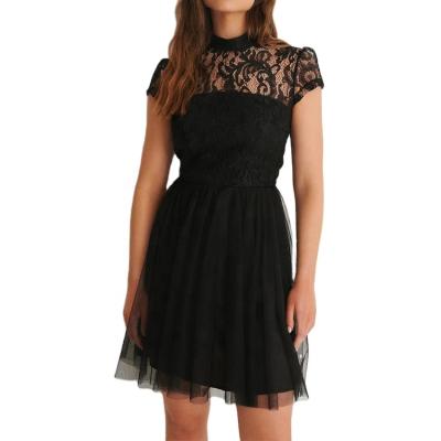 China Anti-Static Floral Lace Mini Dress Ladies Elegant Back Cut Out Dress by Mesh Party Dress Short Sleeve for sale