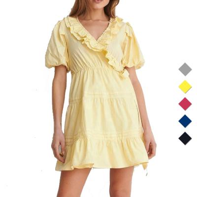 China Casual Dress Anti-Static Puff Detail Ruffle Sleeve Tie Waist Dress Ladies Summer Short Dress for sale