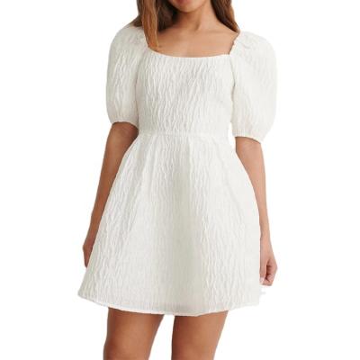 China Anti-static deep back neck square texture summer sleeve puff dress ladies white casual dress for sale