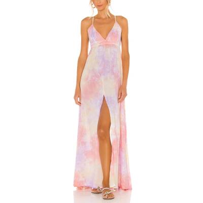 China Anti-Static Women's Tie Dye Maxi Dress Sleeveless V-Neck Front Split Maxi Dress Pink Slip Deep Tie Dye for sale