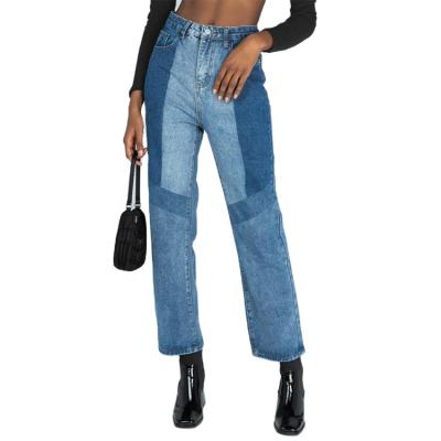 China Color Fade Proof Color Block Denim Jeans Custom Design Straight Leg Mom Jeans Women Fashion Jeans for sale