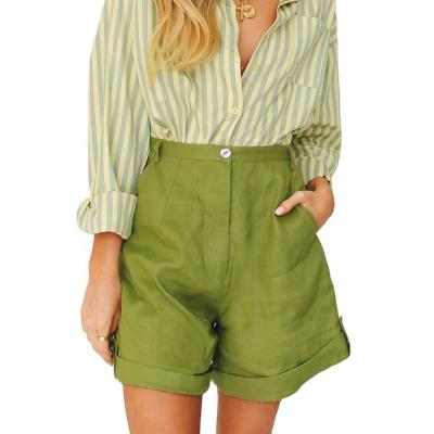 China Anti-wrinkle Green Canvas Shorts High Waist Roll Up Edge Shorts Women Summer Casual Shorts Custom Made for sale