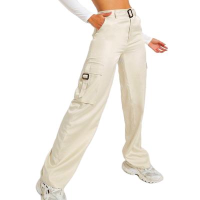 China Sustainable Cargo Pants Womens Wide Leg Fitted Strap Utility Pockets Detail Belted High Waist Trouser for sale