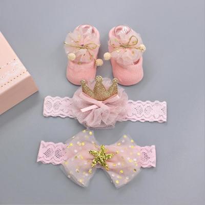 China L0037 Breathable Hot Sale Lace Headband and Baby Socks Baby Infent Gift for sale