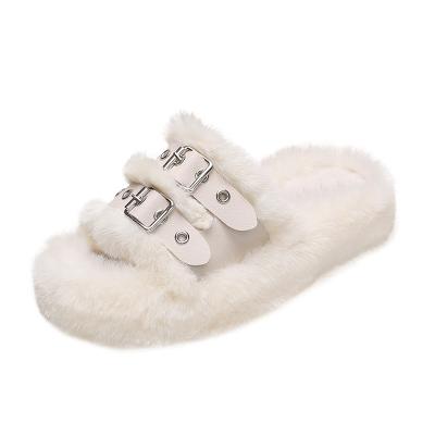 China Newest Hot Selling Faux Fur Comfortable Plush Outdoor Shoes For Girl Fluffy Furry Open Toe Shoes Slide Slipper for sale