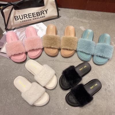 China Girls Fluffy Faux Fur Slippers Women's Faux Fur Slip On Indoor Outdoor Toe Furry Slippers Flip Flops Summer Open Shoes Flats for sale